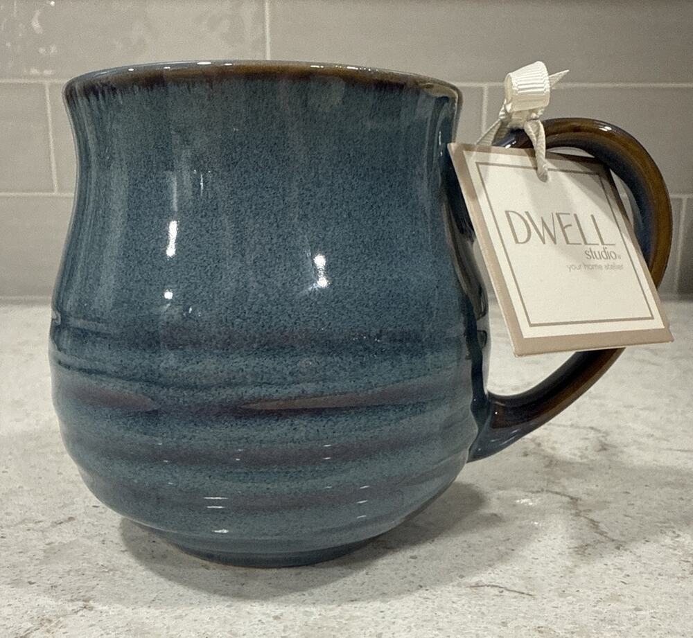 Dwell Studio BLUE & BROWN Rustic Glazed Ribbed 20 Fl Oz Ceramic Belly Mug NEW